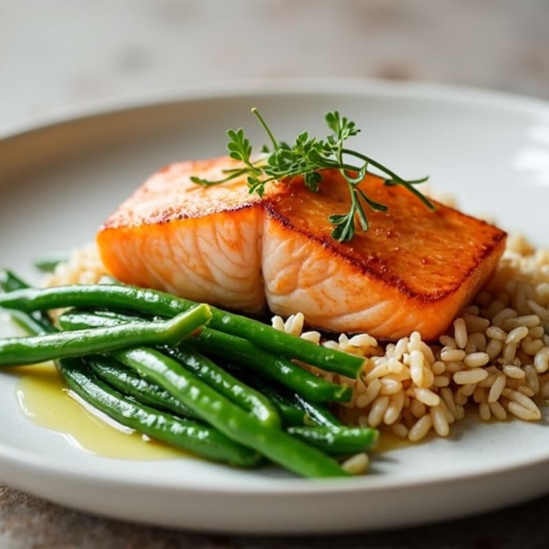 Seared Salmon with Steamed Green Beans and Brown Rice