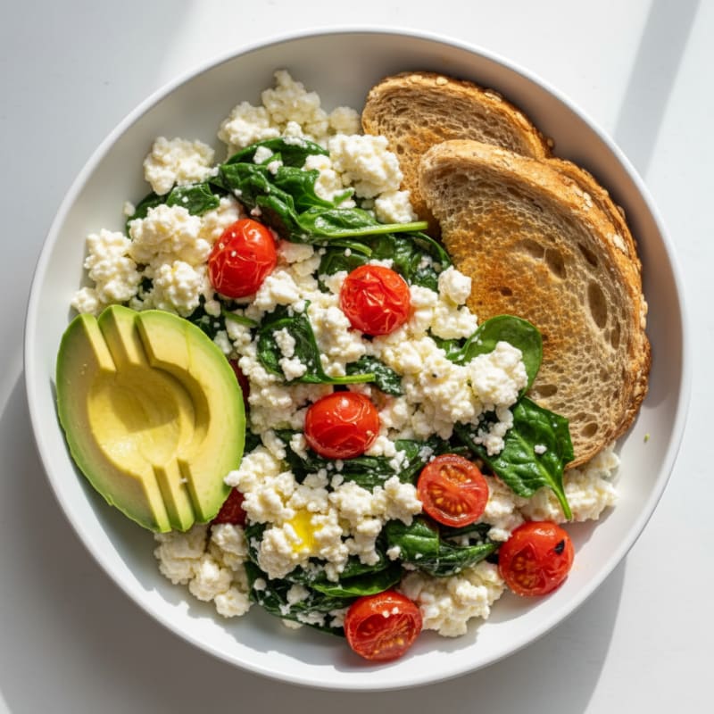Cottage Cheese Egg White Scramble with Spinach and Cherry Tomatoes