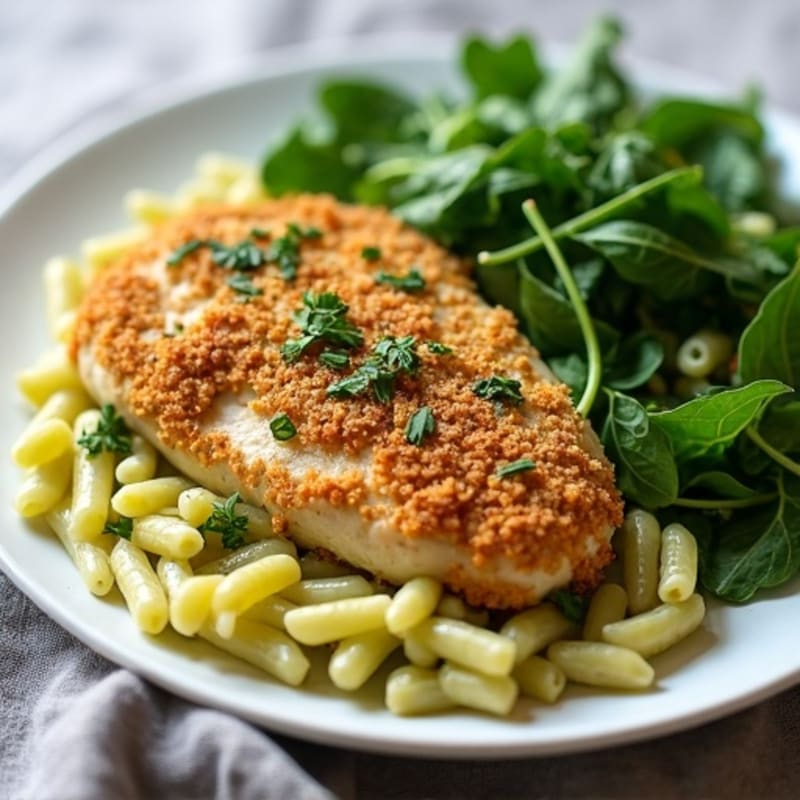 Herb-Crusted Chicken with Pesto Pasta and Garden Greens