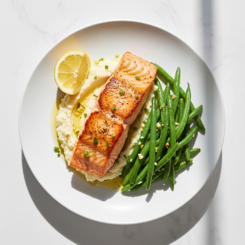 Seared Salmon with Steamed Green Beans and Garlic Cauliflower Mash