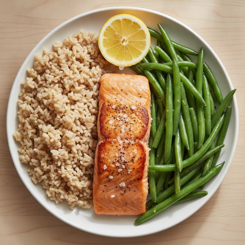 Seared Salmon with Steamed Green Beans and Brown Rice
