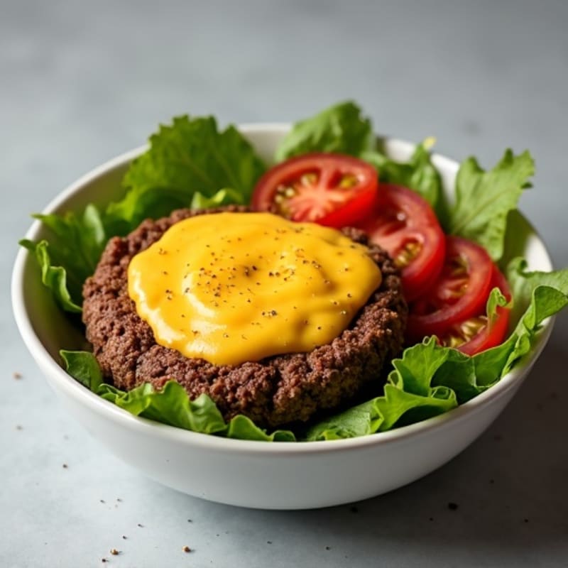 Lean Ground Beef Burger Bowl with Crispy Turkey Bacon and Cheesy Sauce