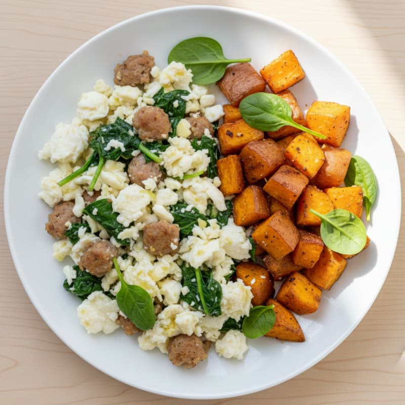 Egg White and Turkey Sausage Scramble with Spinach and Roasted Sweet Potatoes