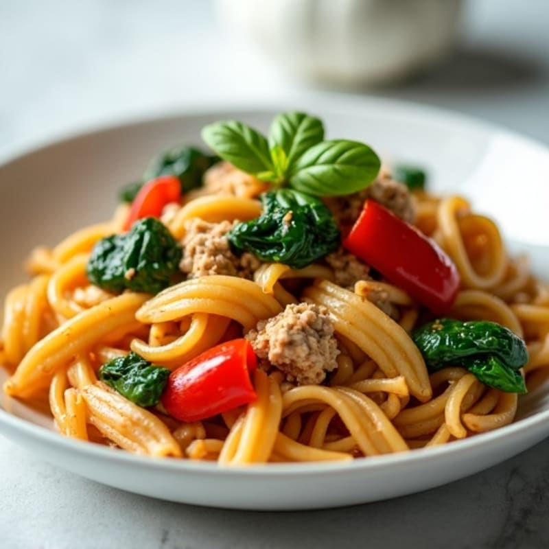Lean Ground Turkey Pasta with Roasted Bell Peppers and Spinach