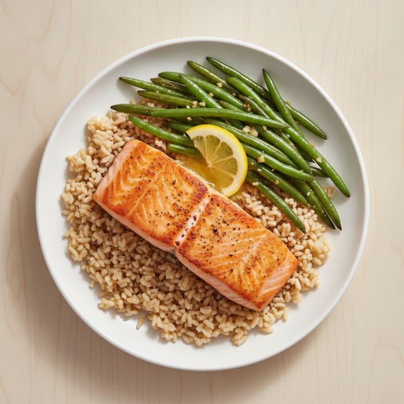 Seared Salmon with Garlic Green Beans and Brown Rice