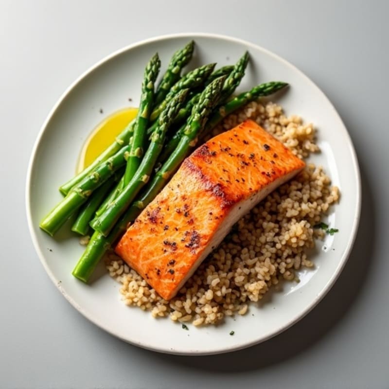 Seared Salmon with Steamed Asparagus and Brown Rice
