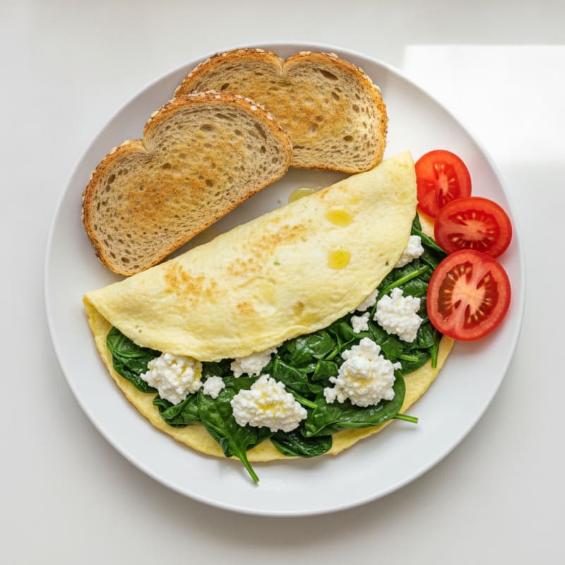 Egg White Spinach Omelette with Cottage Cheese and Tomato Slices