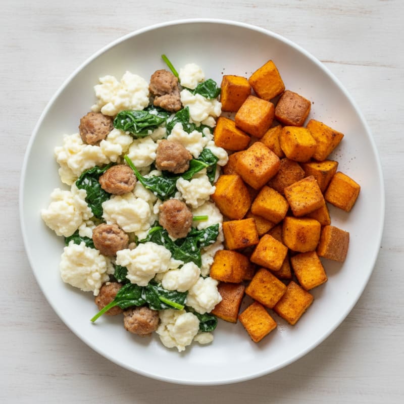 Egg White and Turkey Sausage Scramble with Spinach and Roasted Sweet Potatoes