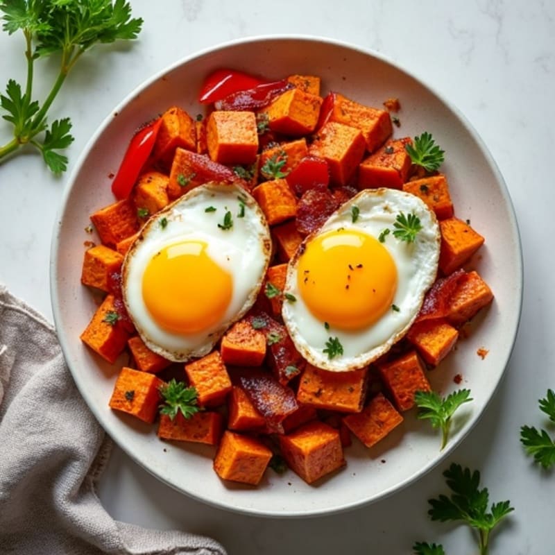 Sheet Pan Sweet Potato and Egg Hash with Crispy Turkey Bacon