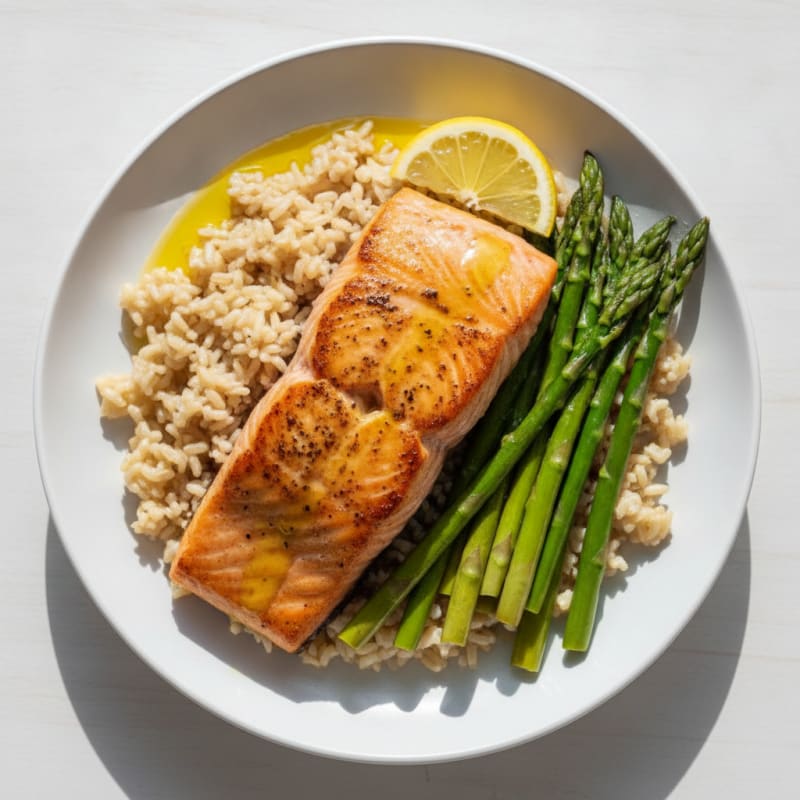 Seared Salmon Fillet with Steamed Asparagus and Brown Rice