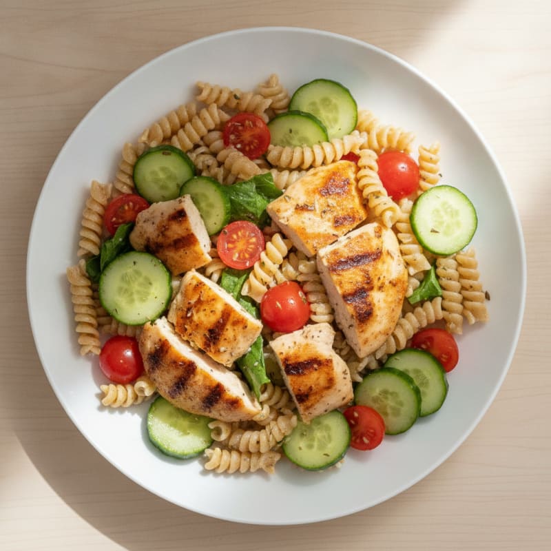 Grilled Chicken Breast Pasta Salad with Tomatoes and Cucumbers