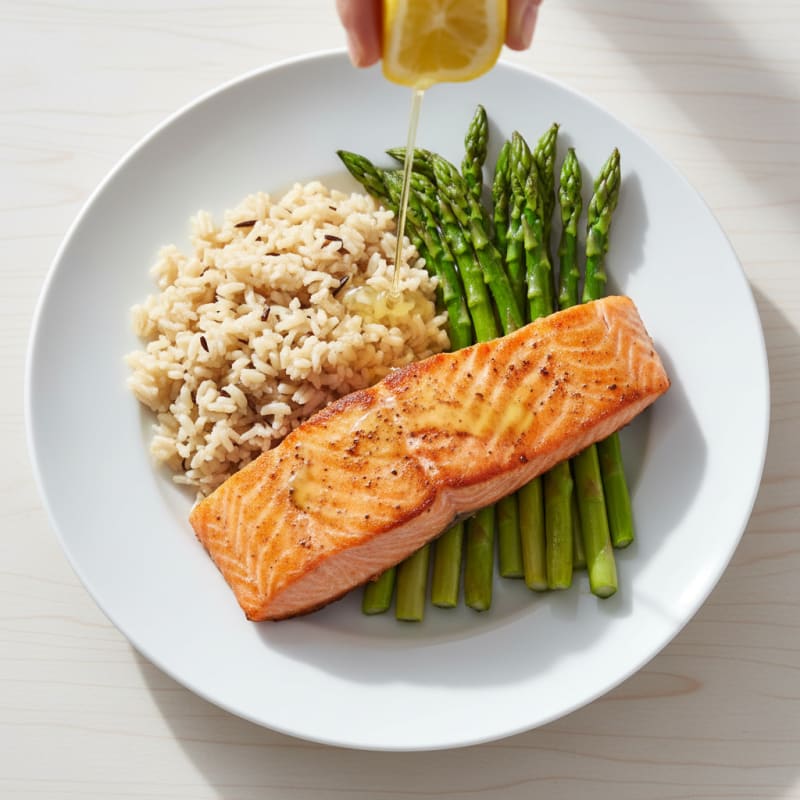 Seared Salmon Fillet with Steamed Asparagus and Brown Rice