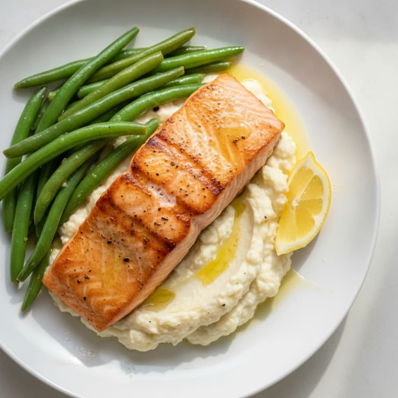 Seared Salmon Fillet with Steamed Green Beans and Garlic Mashed Cauliflower