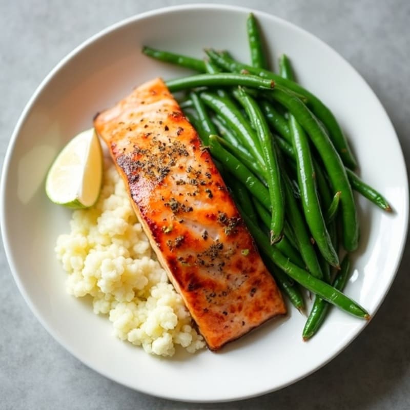 Seared Salmon Fillet with Garlic Green Beans and Cauliflower Mash