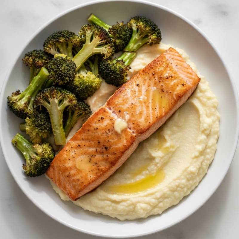Seared Salmon with Roasted Broccoli and Cauliflower Mash
