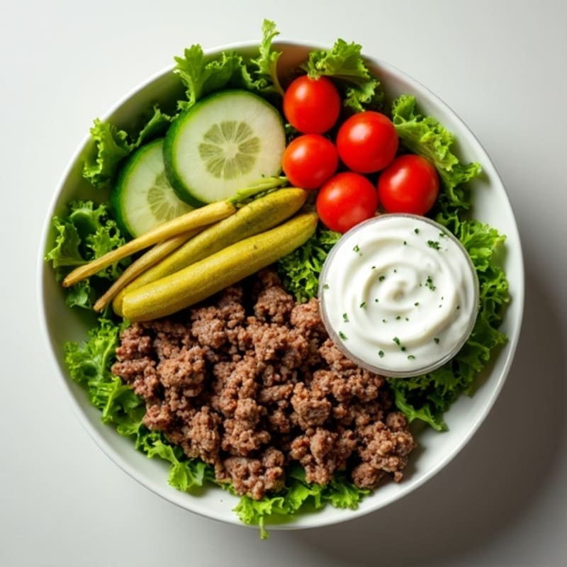 Lean Ground Beef Bowl with Creamy Dill Pickle Dressing