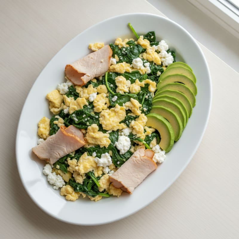 Egg White Spinach Scramble with Cottage Cheese and Sliced Turkey
