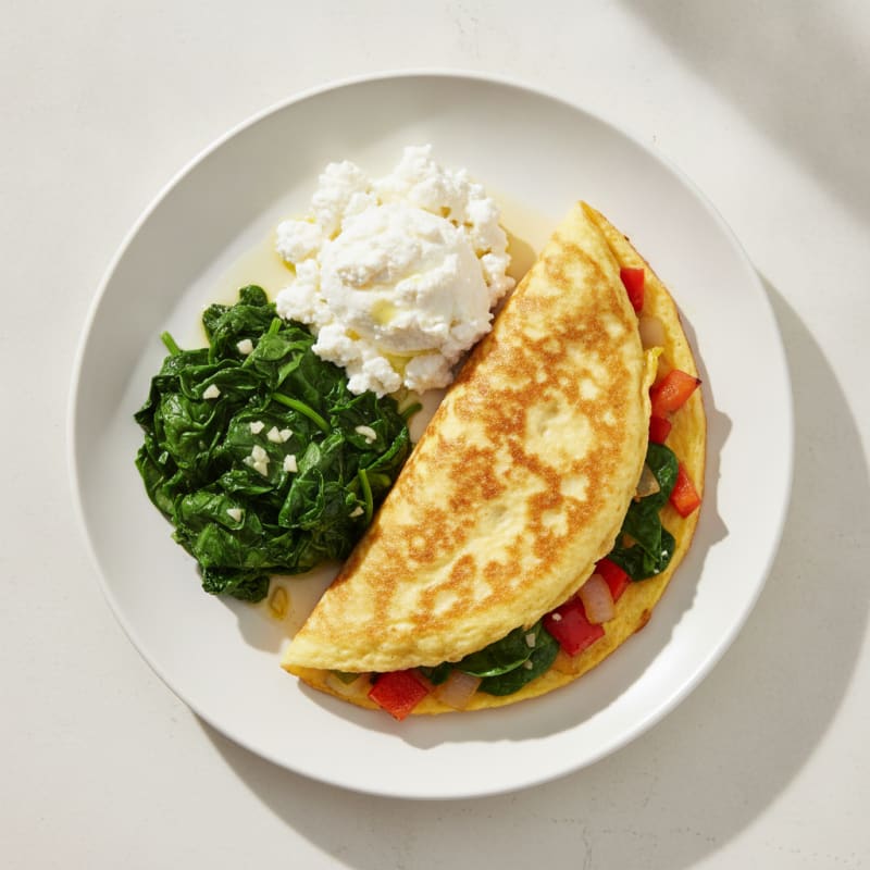 Egg White Veggie Omelette with Cottage Cheese and Sautéed Spinach