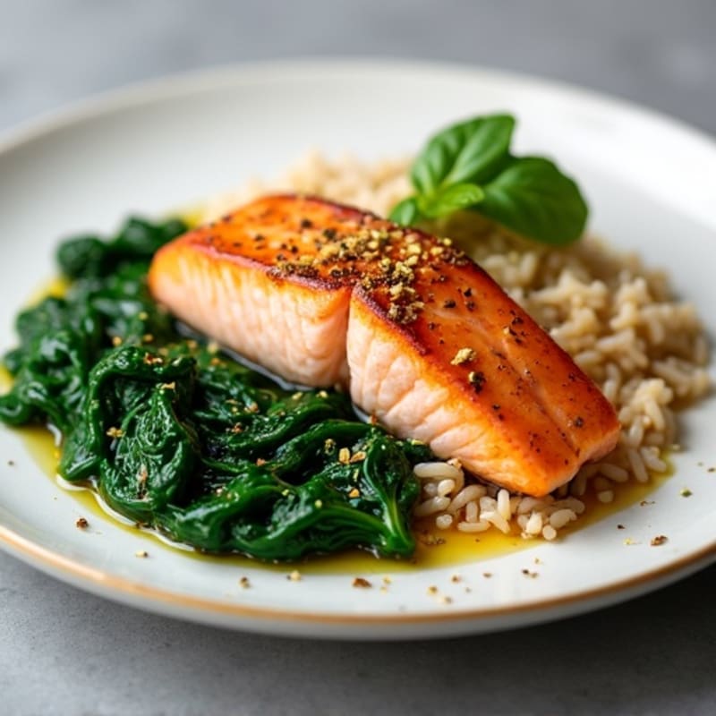 Seared Salmon with Garlic Spinach and Brown Rice