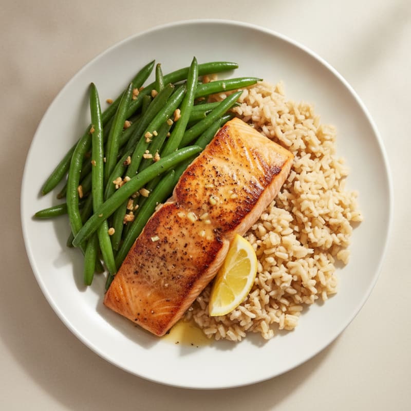 Seared Salmon with Garlic Green Beans and Brown Rice