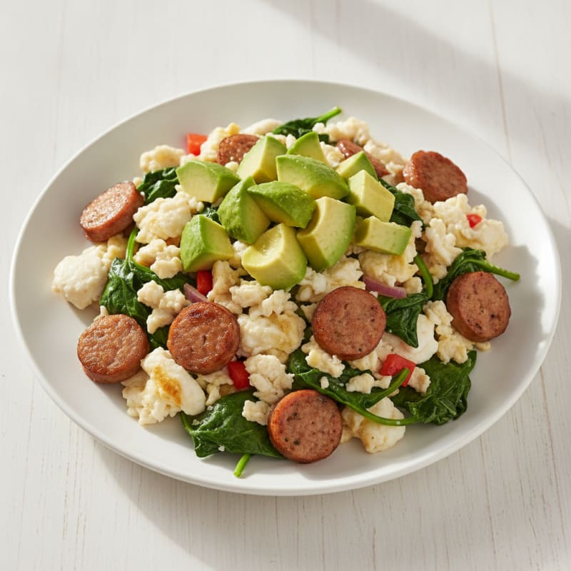 Egg White and Turkey Sausage Scramble with Sautéed Spinach