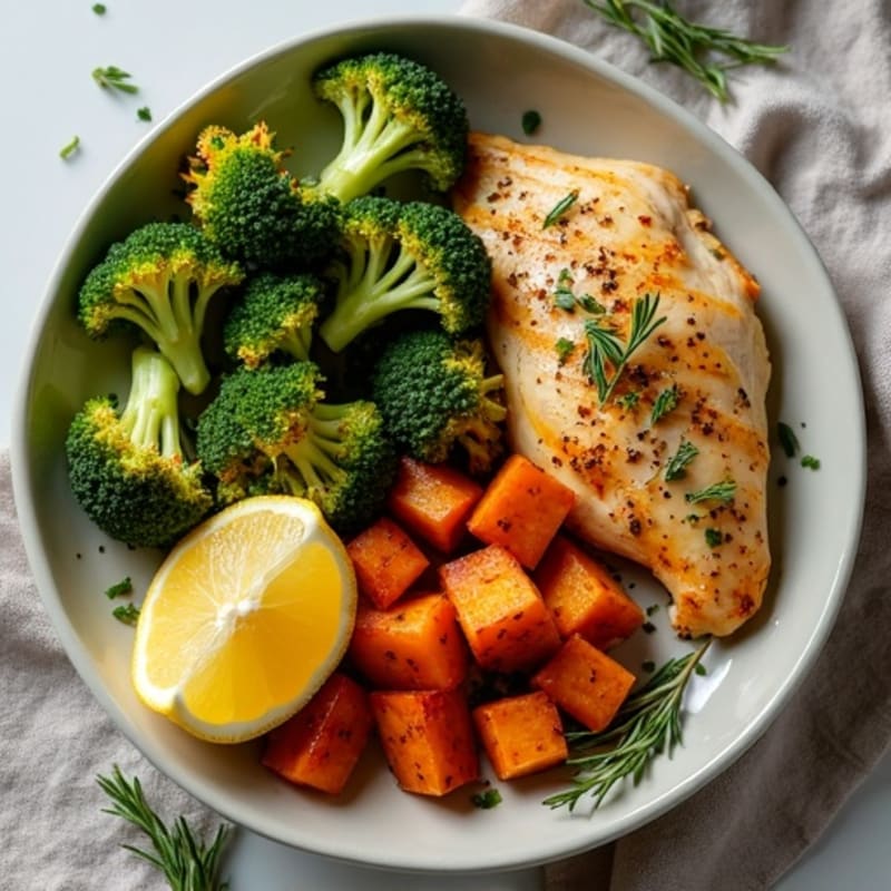 Sheet Pan Lemon Herb Chicken with Crispy Roasted Broccoli and Sweet Potatoes