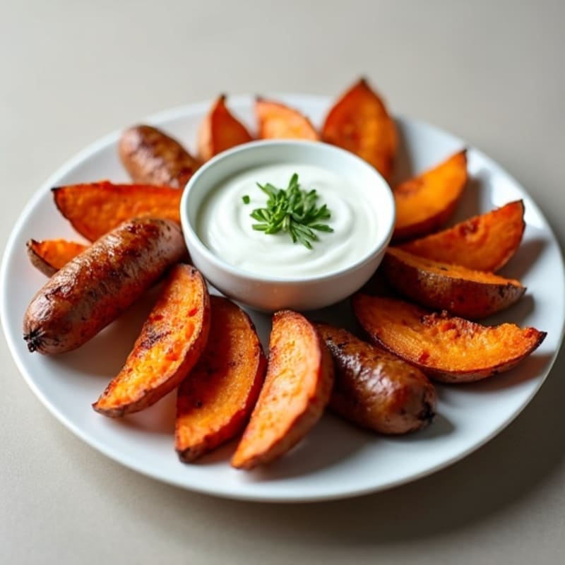 Cinnamon-Maple Roasted Sweet Potato Wedges with Turkey Sausage & Greek Yogurt Dip
