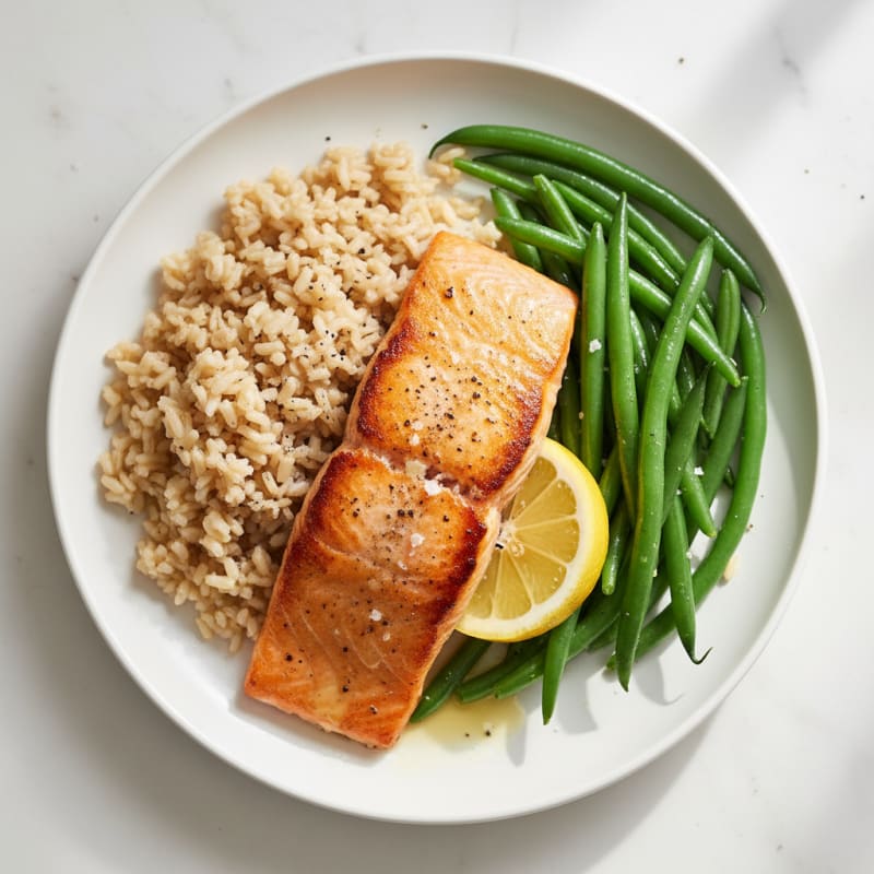 Seared Salmon with Steamed Green Beans and Brown Rice