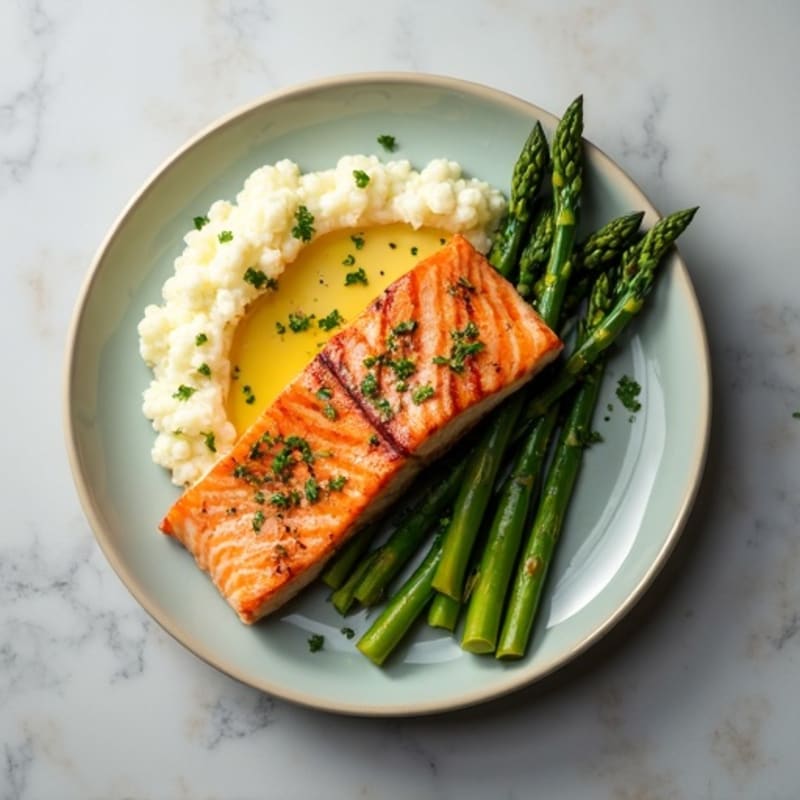 Seared Salmon with Steamed Asparagus and Cauliflower Mash