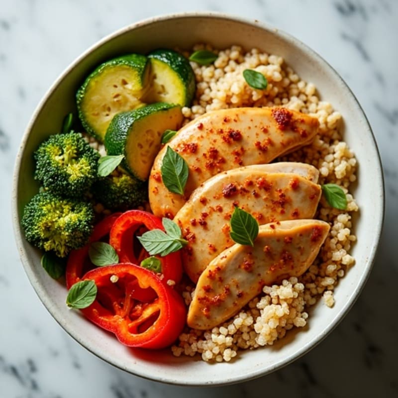 Spicy Peanut Chicken and Quinoa Bowl with Crispy Veggies