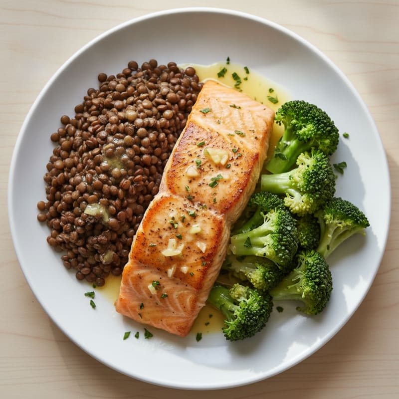 Seared Lemon-Garlic Salmon with Steamed Broccoli and Lentils