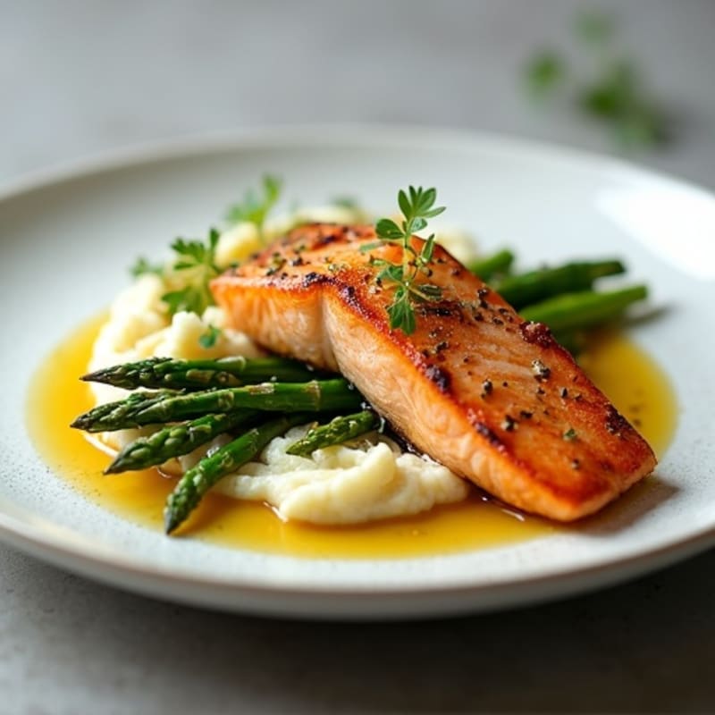 Seared Salmon with Steamed Asparagus and Cauliflower Mash
