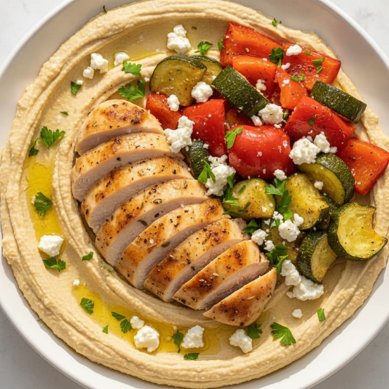 Mediterranean Hummus Platter with Roasted Chicken and Vegetables
