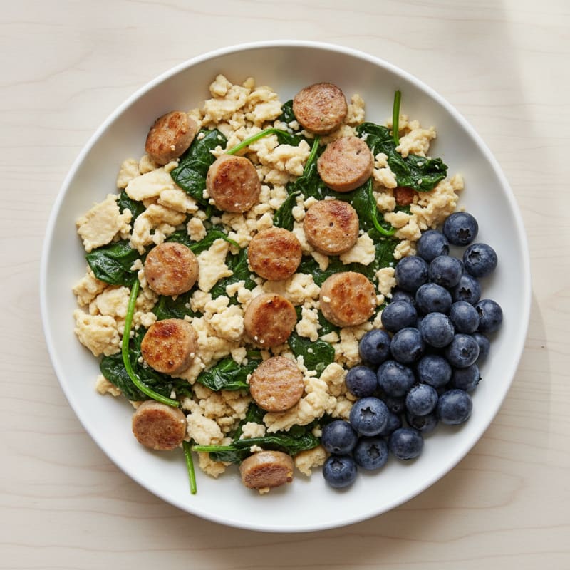 Egg White Scramble with Turkey Sausage and Sautéed Spinach
