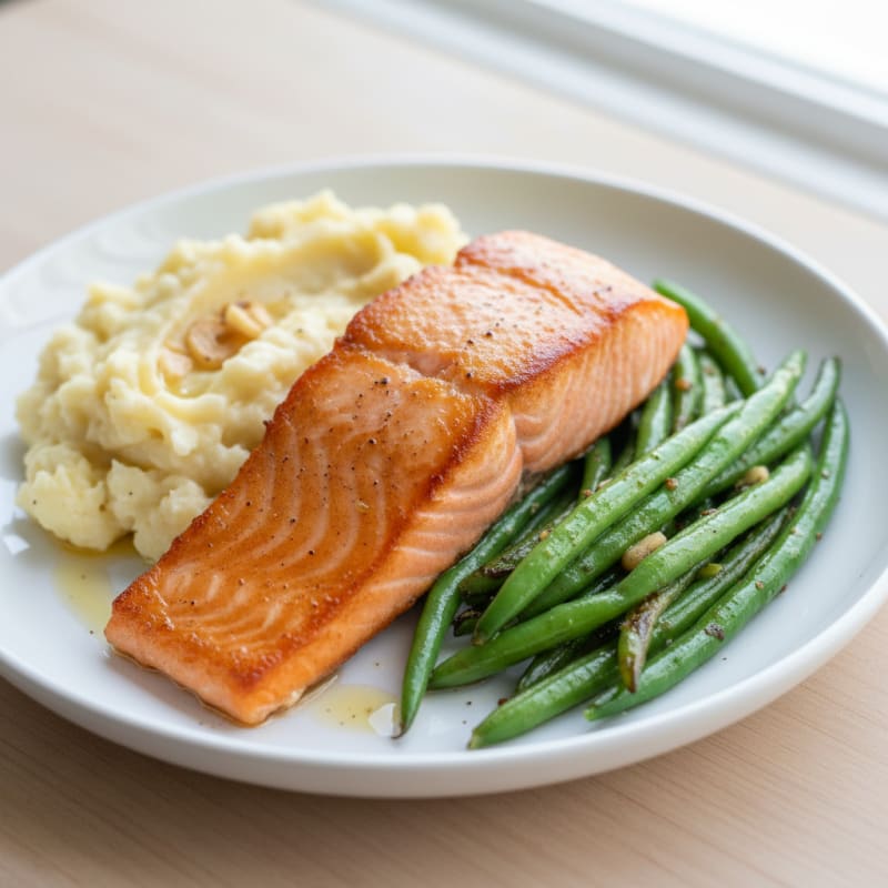 Seared Salmon with Crispy Green Beans and Garlic Mashed Cauliflower