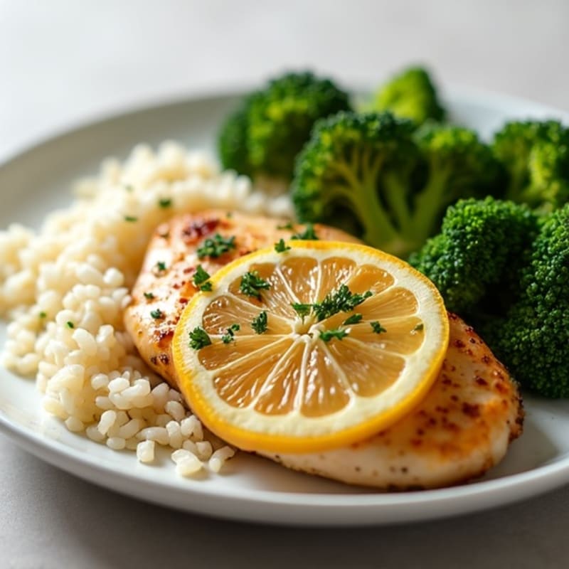 Lemon-Garlic Pan-Seared Chicken with White Rice and Roasted Broccoli