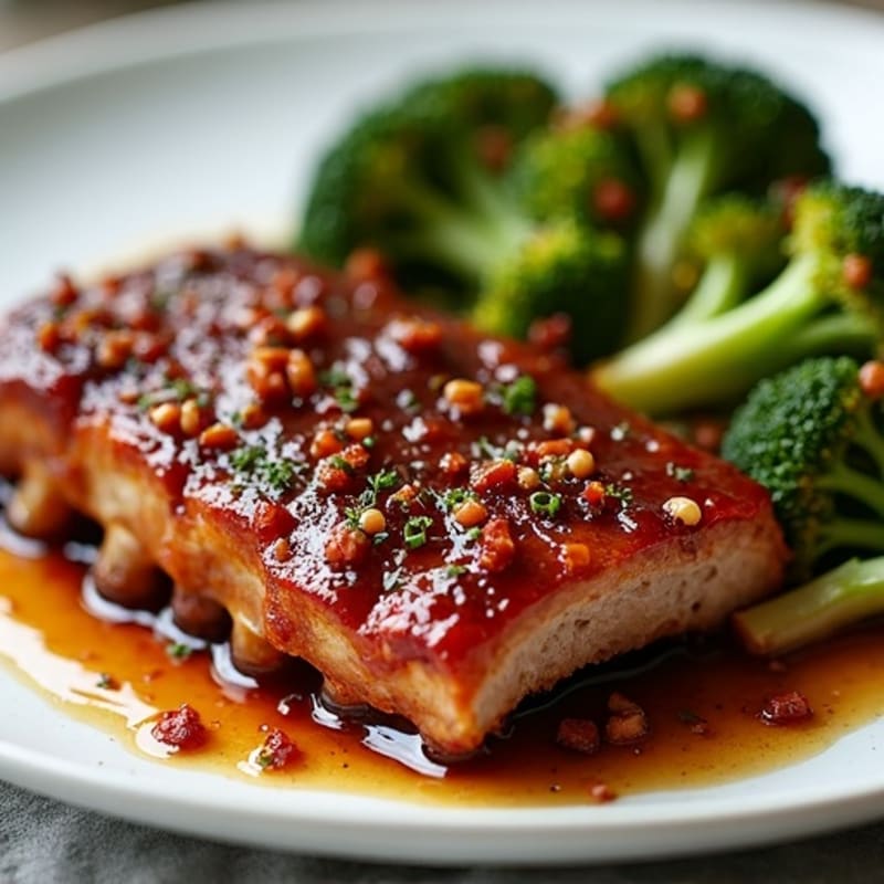 Tender Baked Pork Ribs with Sticky Sweet and Tangy Glaze and Roasted Broccoli