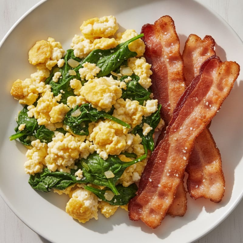 Cottage Cheese Egg Scramble with Sautéed Spinach and Turkey Bacon
