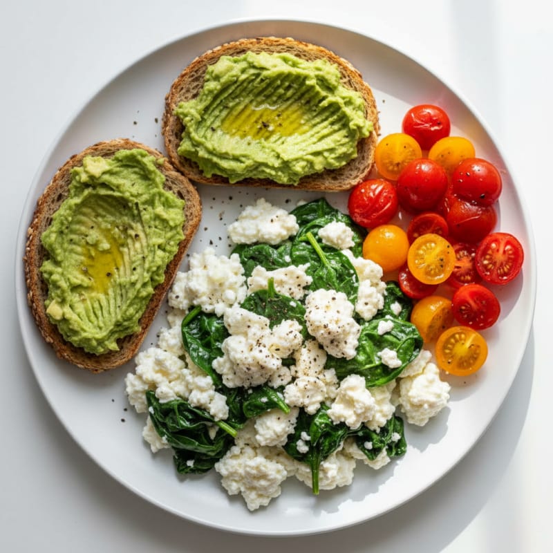 Egg White and Spinach Scramble with Cottage Cheese and Cherry Tomatoes