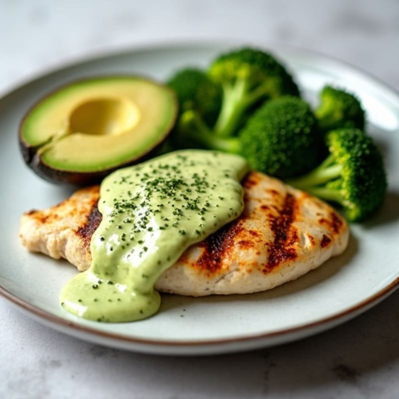 Grilled Chicken Breast with Creamy Avocado Yogurt Sauce and Steamed Broccoli