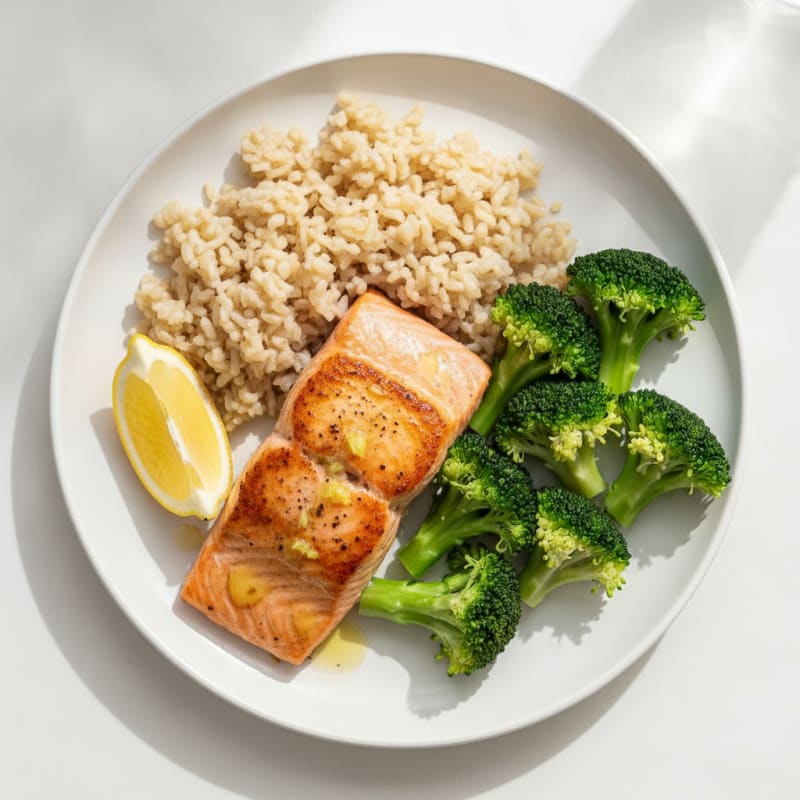 Seared Salmon with Steamed Broccoli and Brown Rice