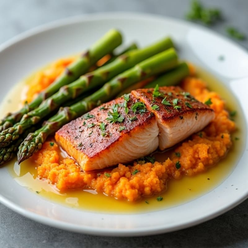 Seared Salmon with Roasted Asparagus and Sweet Potato Mash