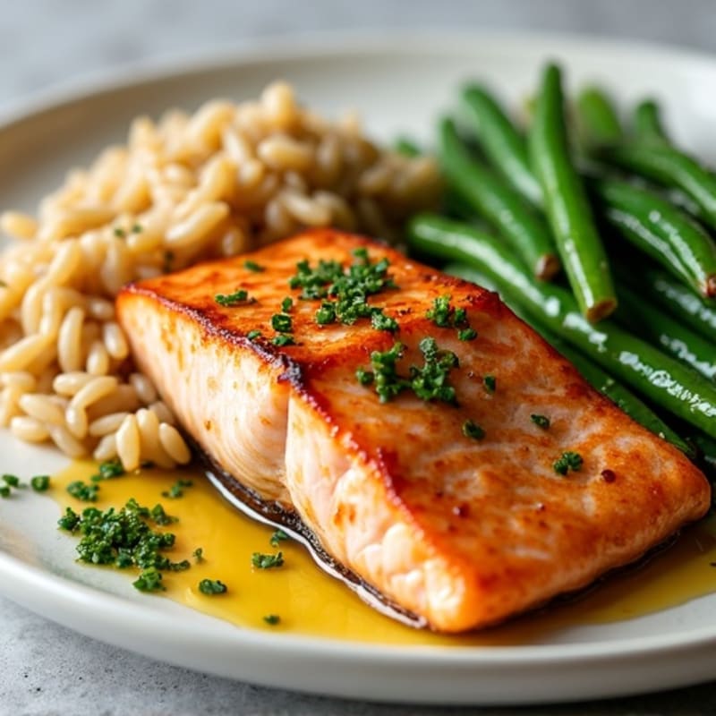 Seared Salmon Fillet with Garlic Green Beans and Brown Rice