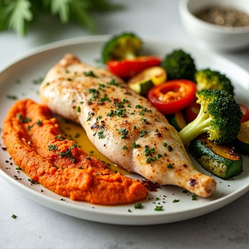 Herb-Roasted Chicken with Crispy Roasted Vegetables and Creamy Roasted Red Pepper Hummus