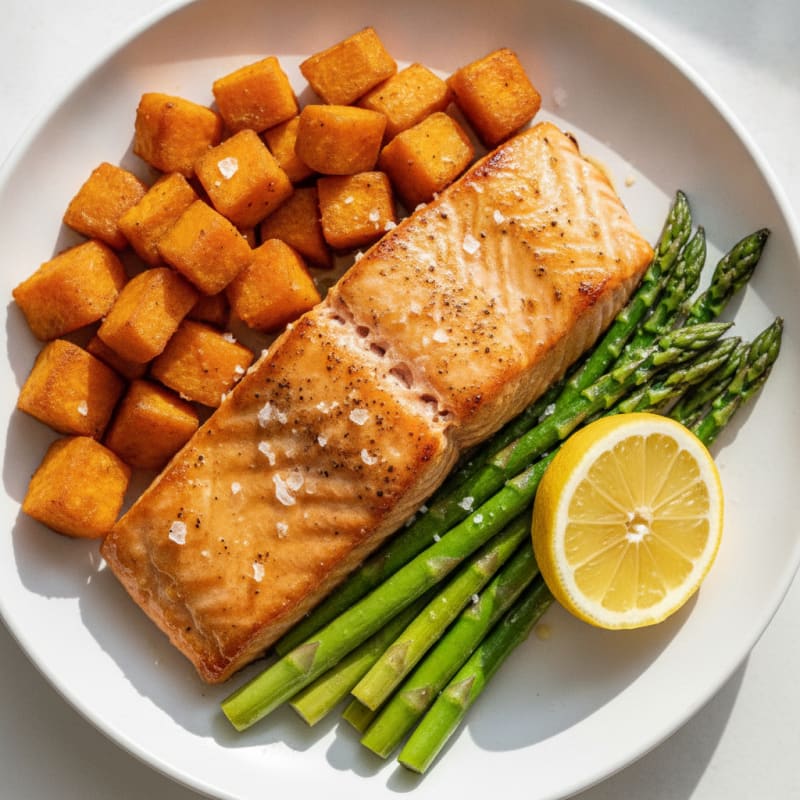 Seared Salmon with Roasted Sweet Potatoes and Asparagus