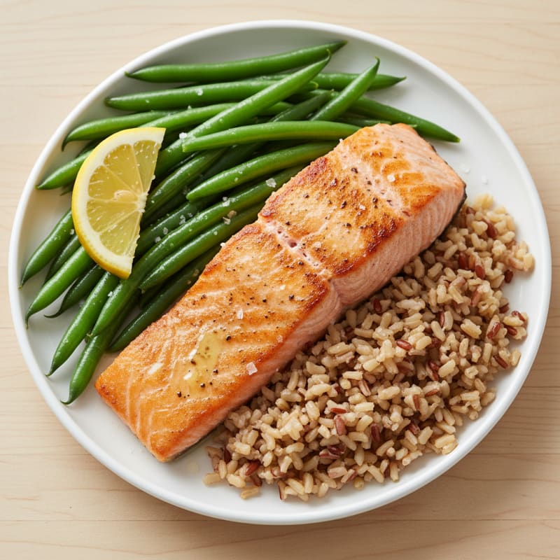 Seared Salmon Fillet with Steamed Green Beans and Brown Rice
