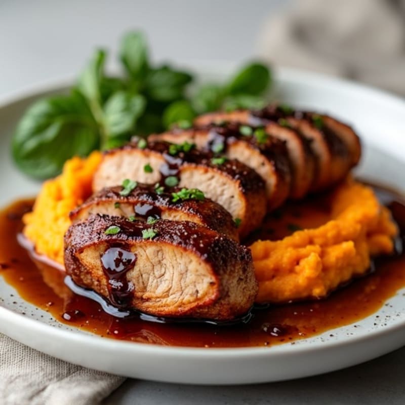 Rich Balsamic Glazed Pork Tenderloin with Creamy Sweet Potato Mash