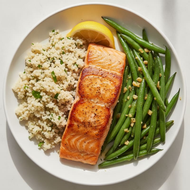 Pan-Seared Salmon with Garlic Green Beans and Quinoa