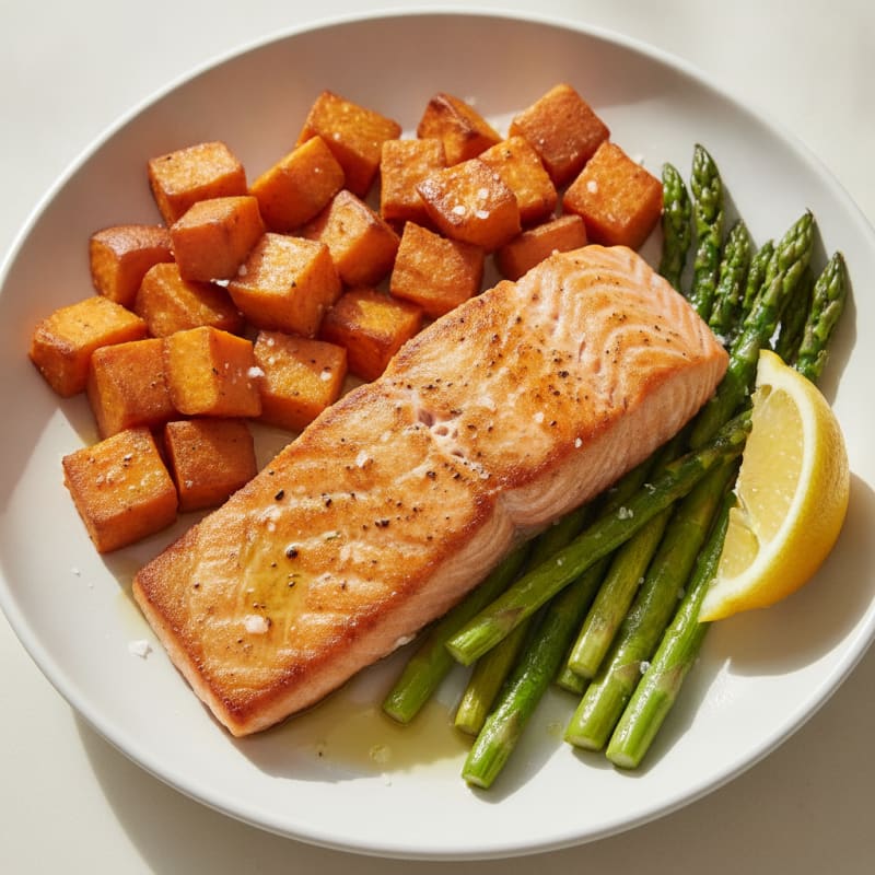 Seared Salmon with Roasted Sweet Potato and Asparagus