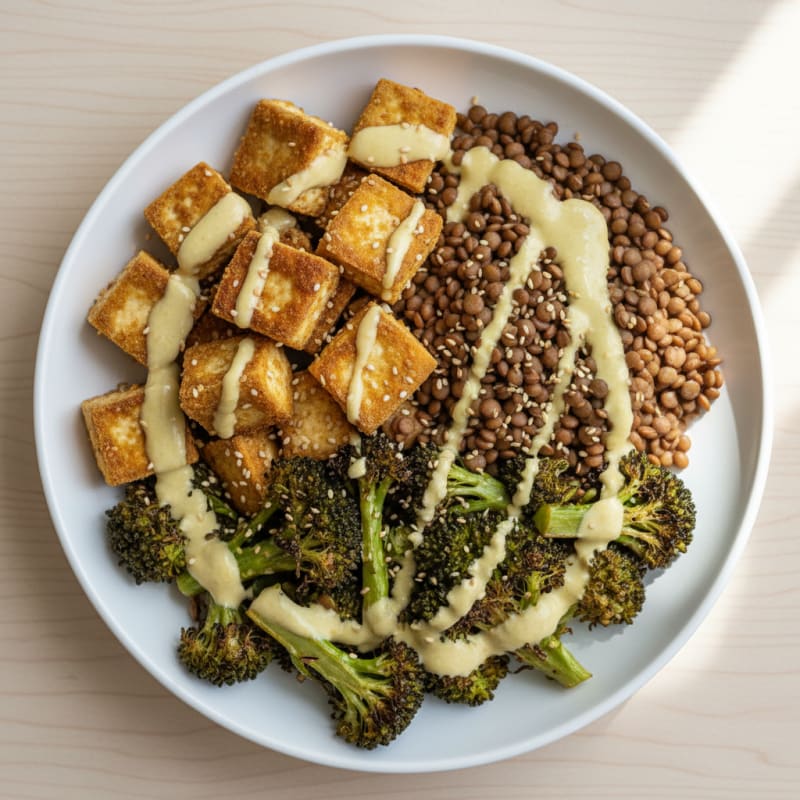 Crispy Tofu and Lentil Power Bowl with Roasted Broccoli